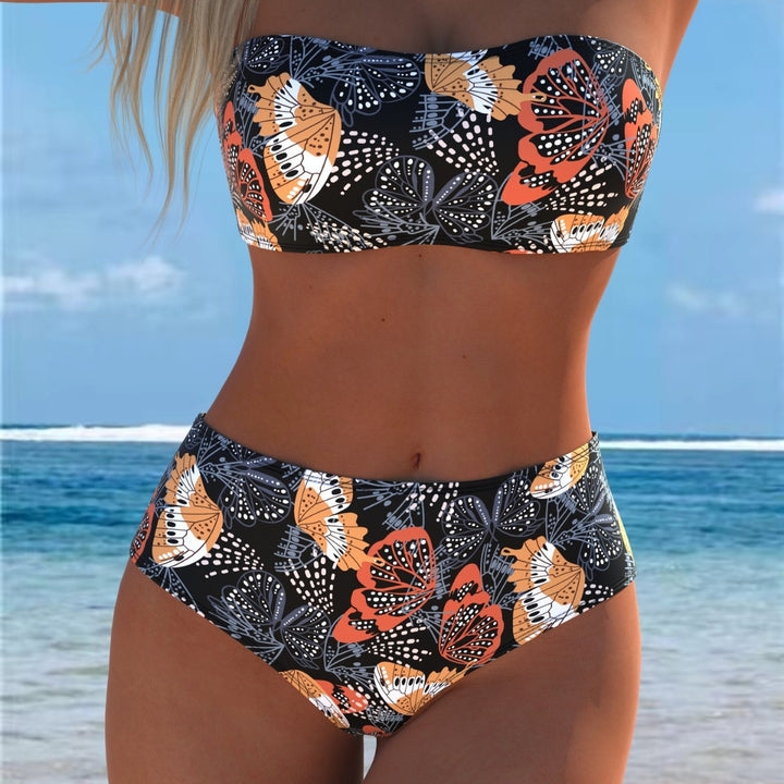 Damen Bandeau-Bikini mit hohem Taillenschnitt und kontrastierendem Blumendesign Drune