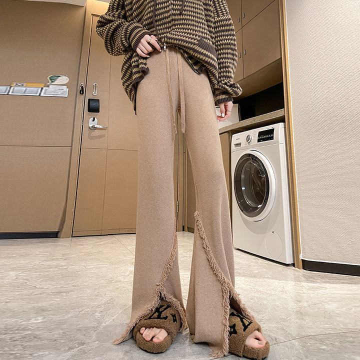 Damen Elegante Hose mit hohen Seitenschlitzen und fransigen Abschlüssen Drune