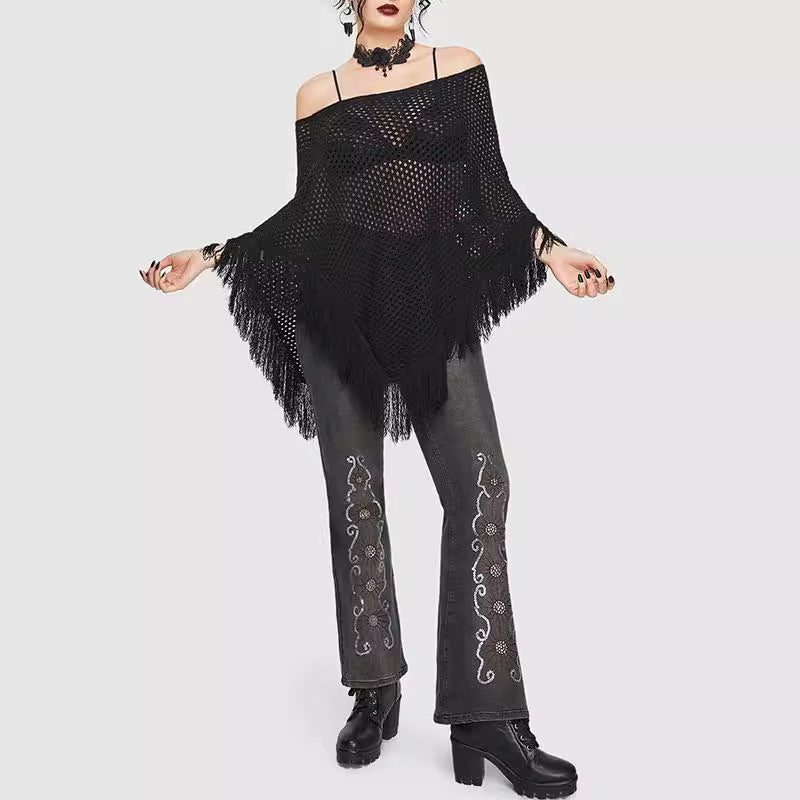 Damen Transparente Netz Poncho mit Fransen Drune