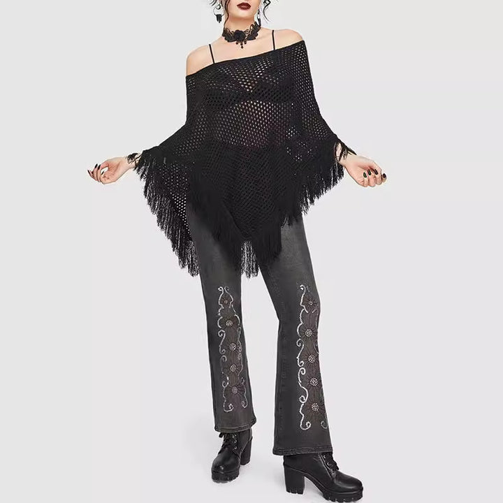Damen Transparente Netz Poncho mit Fransen Drune