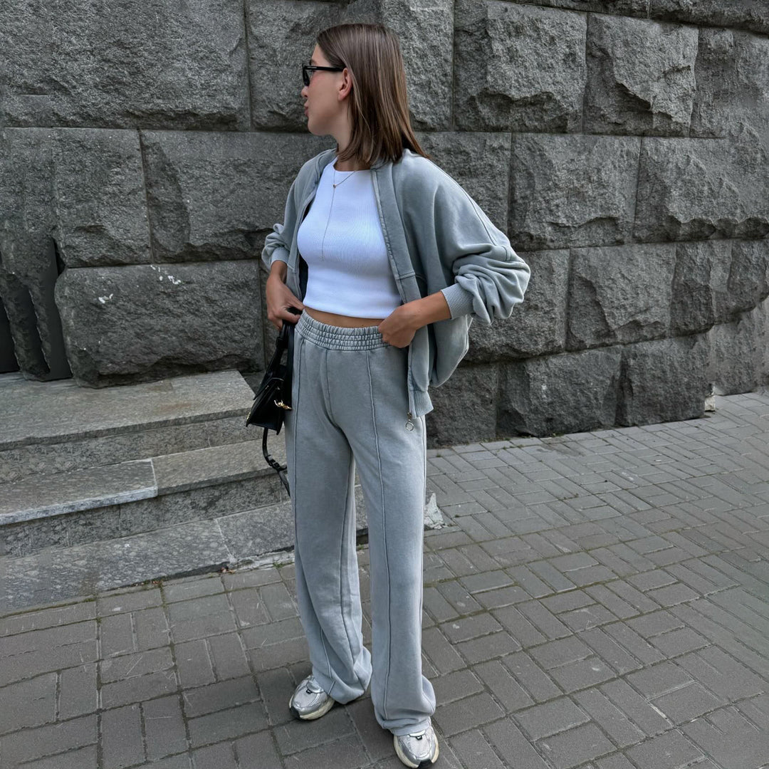 Damen lässiger Zweiteiler mit sweatshirtähnlichem Oberteil und weitem Hosenansatz Drune