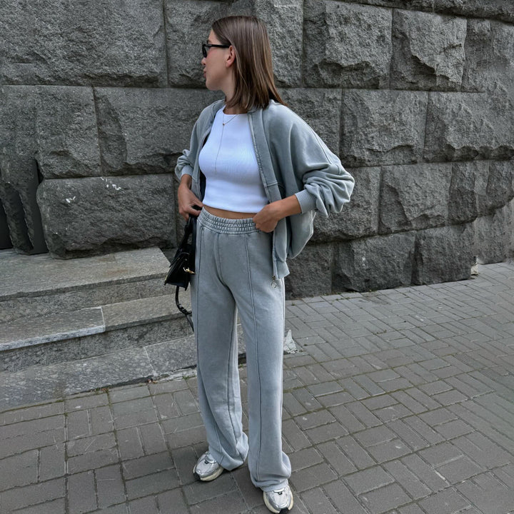 Damen lässiger Zweiteiler mit sweatshirtähnlichem Oberteil und weitem Hosenansatz Drune