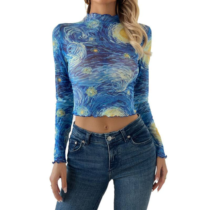 Damen Langarm-T-Shirt mit kunstvollem Druck und geschmackvollem Wellensaum Drune