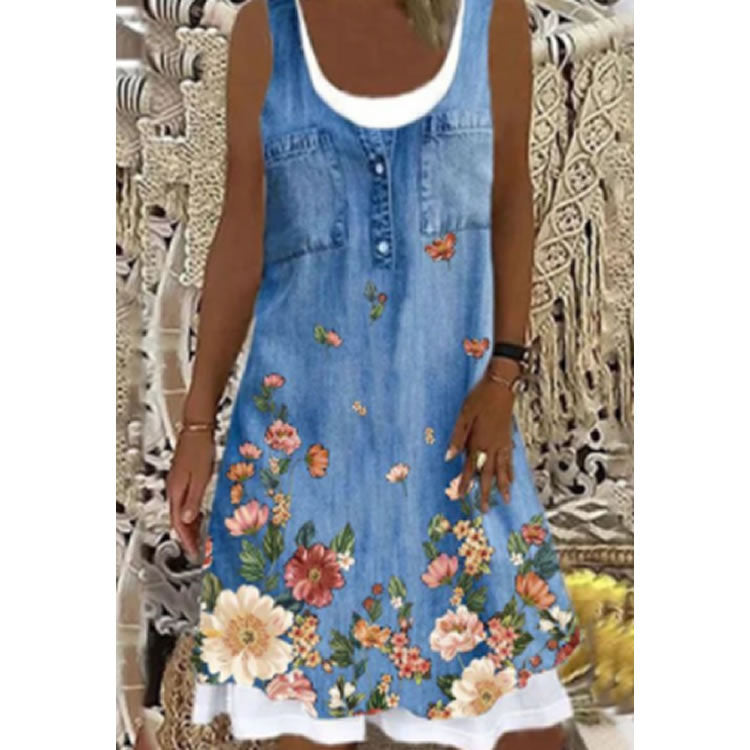 Damen Jeanskleid mit floralem Design und Knopfleiste Drune