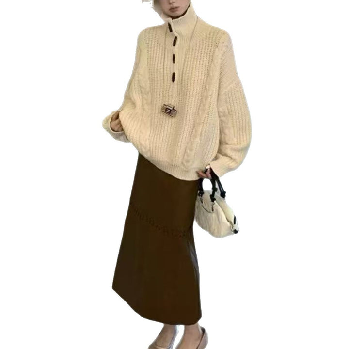 Damen Grobstrickpullover mit Zopfmuster und Knopfdetails Drune