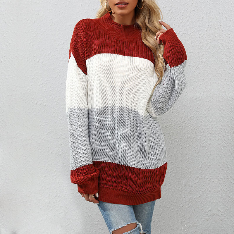 Damen Strickpullover mit hohem Kragen und modernen Blockstreifen Drune