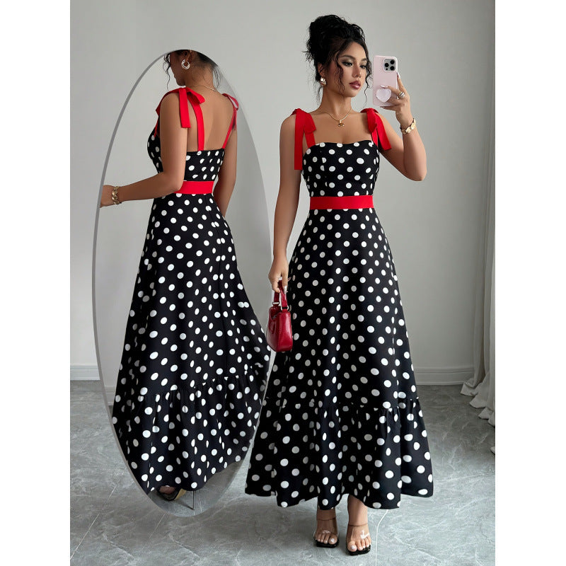 Damen Maxikleid mit verspieltem Polka-Dot-Muster und kontrastierendem Gürtel Drune