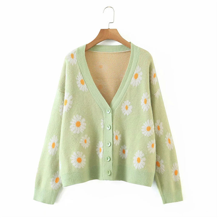 Damen Strickjacke mit floralem Design und V-Ausschnitt Drune