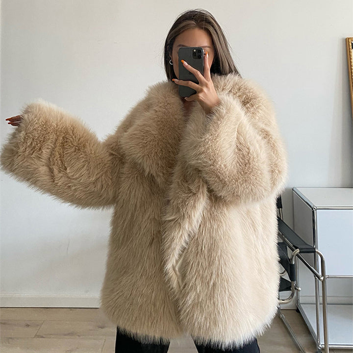 Damen Elegante Kunstpelzjacke mit großem Kragen Drune