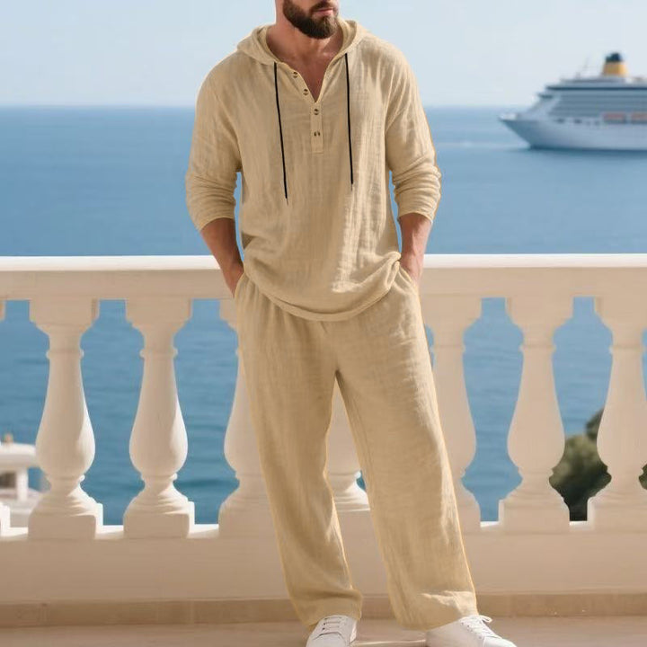 Herren nan lässiges Leinenzweiteiler-Set mit Kapuzenhemd im Henley-Stil und weiten Freizeit-Hosen Drune