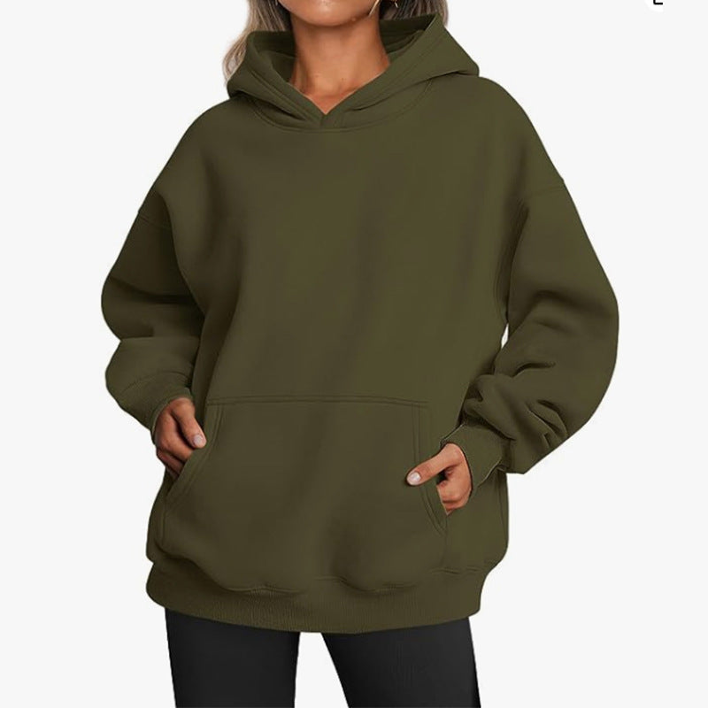 Damen nan Relax-Fleece Kapuzenpullover mit Kängurutasche, verlängerter Rücken und überschnittener Schulter Drune