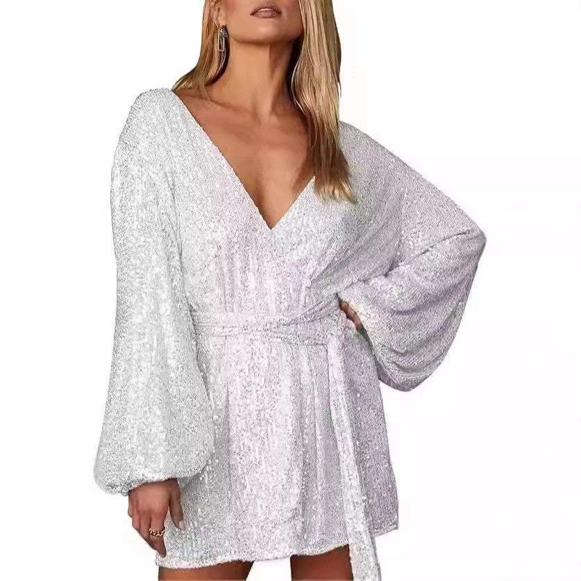 Damen Glitzernder Morgenmantel mit elegantem V-Ausschnitt und breiten Ärmeln Drune