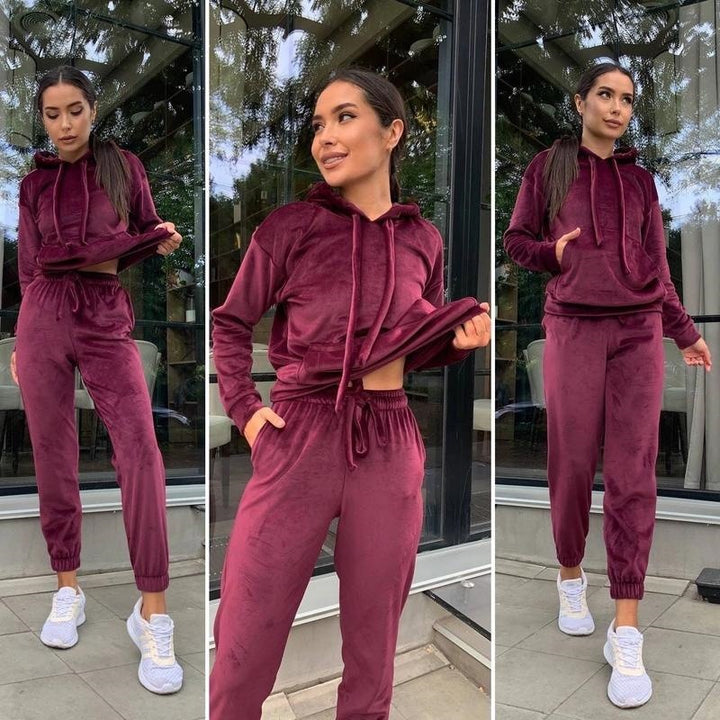 Damen Sportliches Velours-Lounge-Set mit Kapuze und bequemem Gummibund Drune