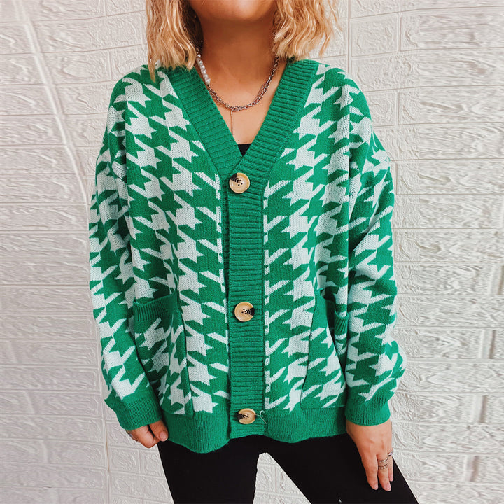 Damen lässige Strickjacke mit modernem Hundezahlenmuster Drune