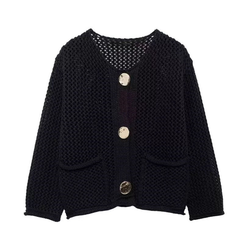 Damen Strickjacke mit Netzstruktur und großen Knopfdetails Drune