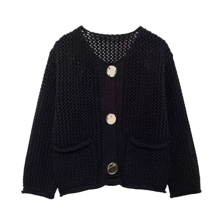 Damen Strickjacke mit Netzstruktur und großen Knopfdetails Drune