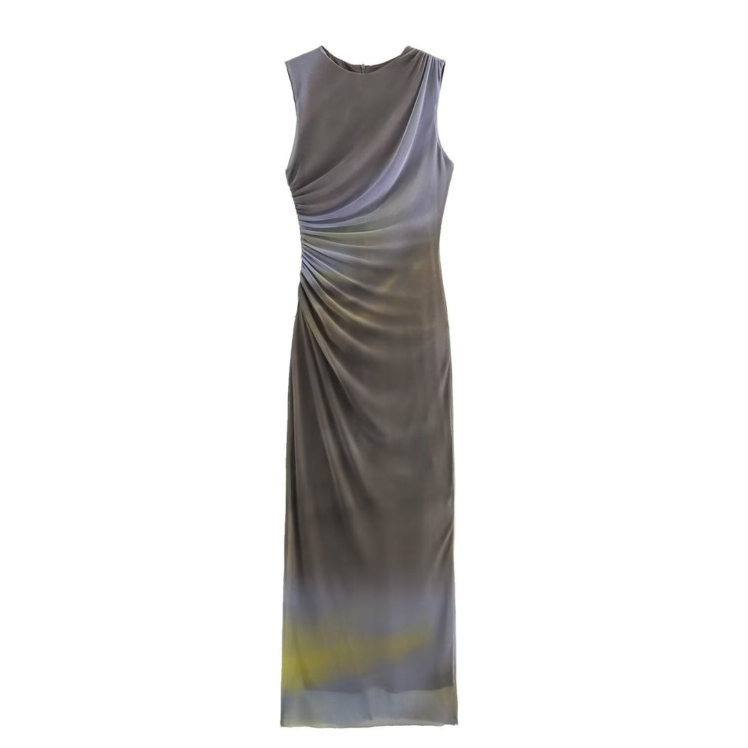 DruneMODE | Einfarbiges Rundhalsausschnitt Ärmelloses Faltendes Slim Fit Kleid