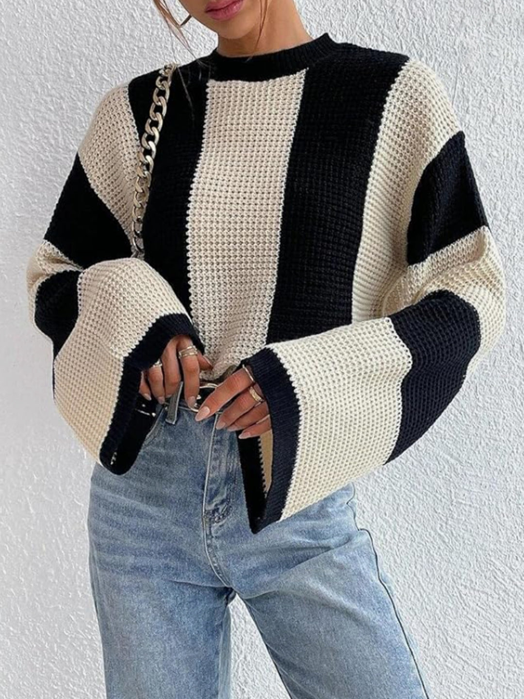 Damen lässiger Grobstrickpullover mit weitem Schnitt und Blockstreifen Drune