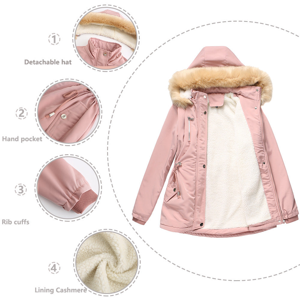 Damen modische Outdoor-Jacke mit abnehmbarem Kunstfellkragen und elastischem Taillenzug Drune