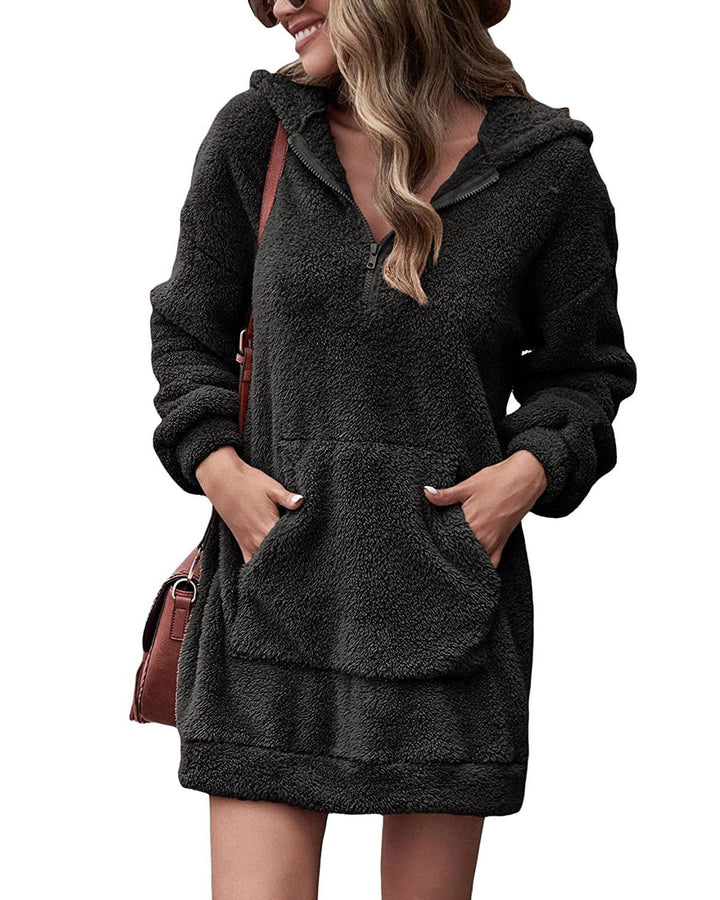 Damen Kuscheliger Hoodie-Kleid mit praktischen Taschen und halben Reißverschluss Drune