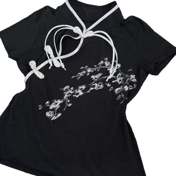Damen Modernes Chinesisches Kurzarm-T-Shirt mit kreativem Knotendesign Drune