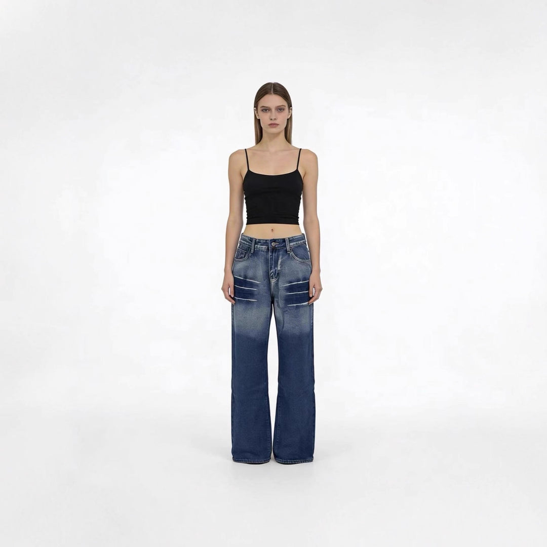 Damen weite hochgeschnittene Jeans mit besonderem Waschungseffekt Drune