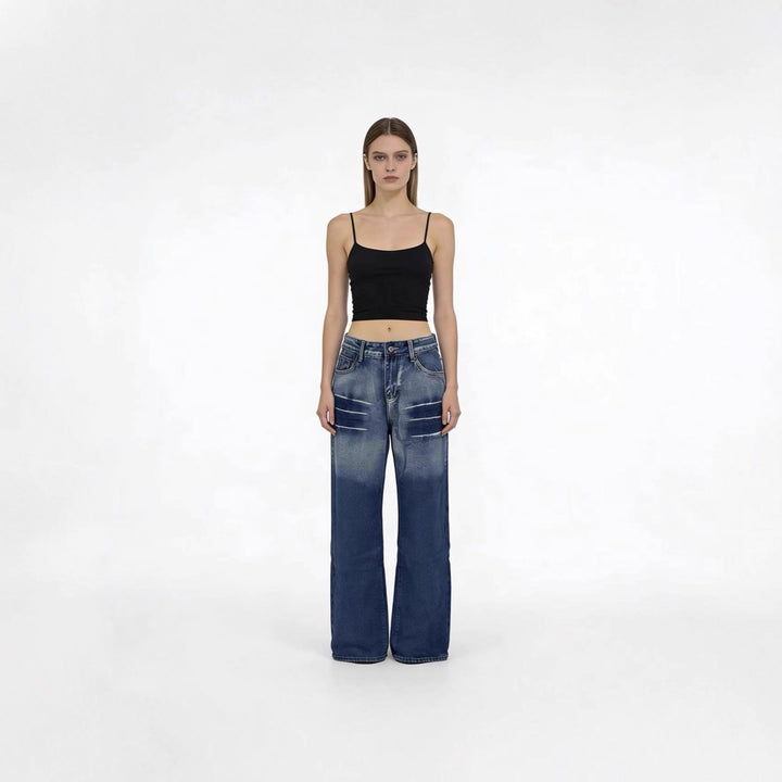 Damen weite hochgeschnittene Jeans mit besonderem Waschungseffekt Drune