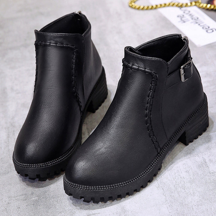 Damen nan klassische knöchelhohe Ankle-Boots aus synthetischem Leder mit robuster Profilsohle und Ziergurt Drune
