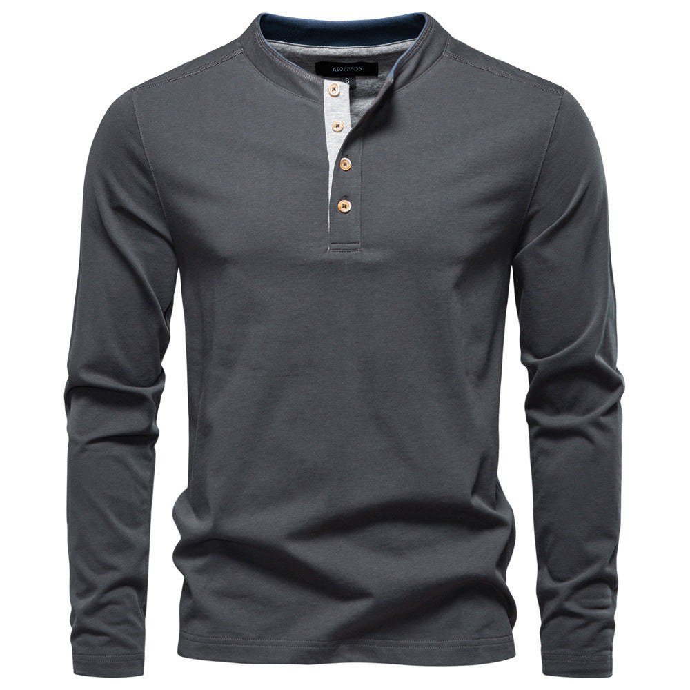 Herren nan legeres Baumwoll-Langarmshirt mit kurzer Knopfleiste und Stehkragen Drune