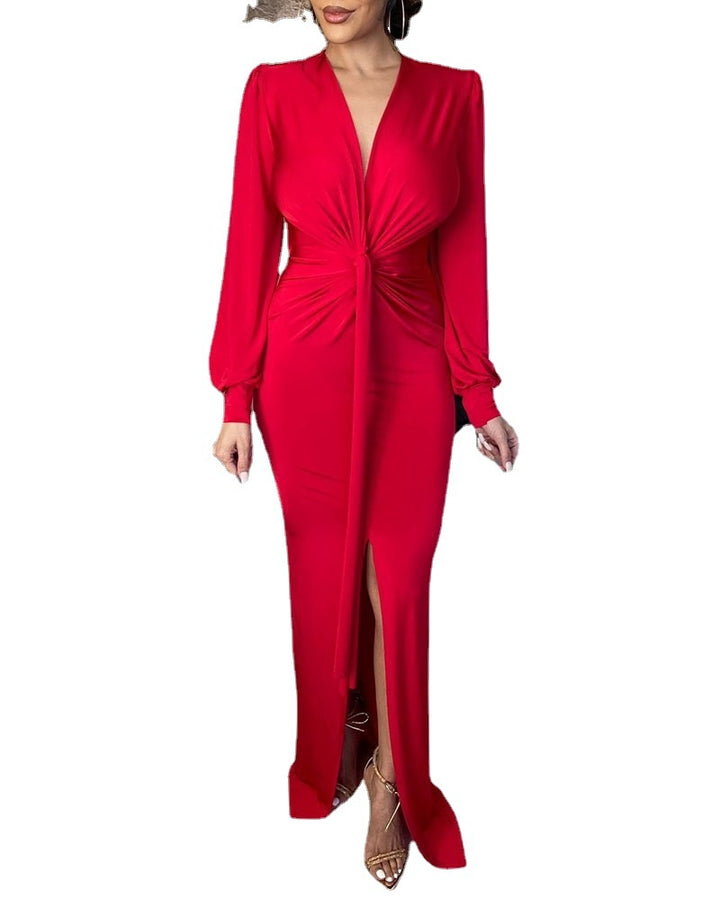 Damen Elegantes Abendkleid mit tiefem V-Ausschnitt und Schlitz Drune