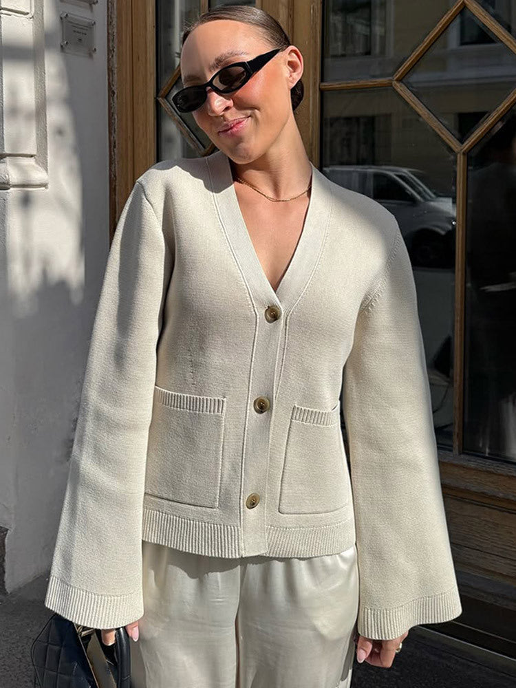 Damen lässige Strickjacke mit weitgeschnittenen Ärmeln und Knopfdetail Drune