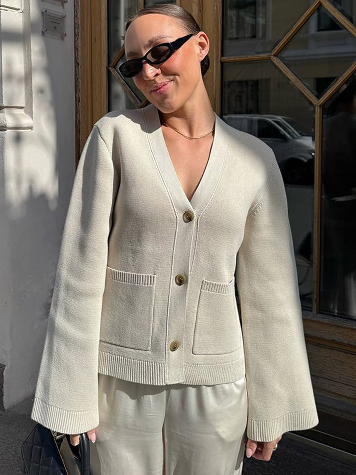 Damen lässige Strickjacke mit weitgeschnittenen Ärmeln und Knopfdetail Drune