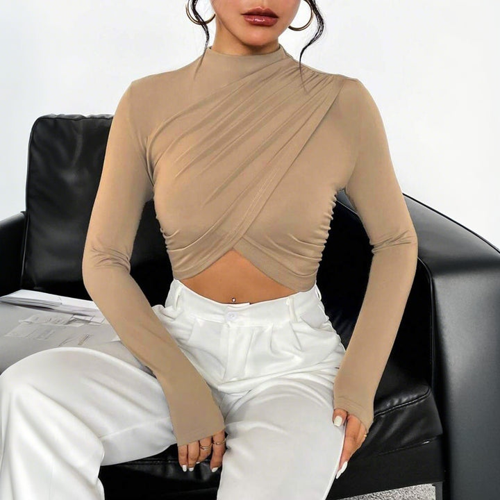 Damen Langarm Crop-Top mit asymmetrischer Drapierung und elegantem Stehkragen Drune