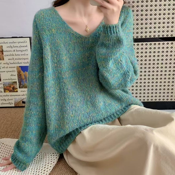 Damen leichter Strickpullover mit V-Ausschnitt und voluminösen Ärmeln Drune