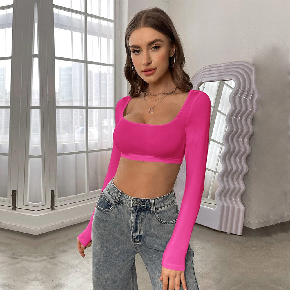 Damen Langarm Crop-Top mit elegantem Quadrat-Ausschnitt und komfortablem Schnitt Drune