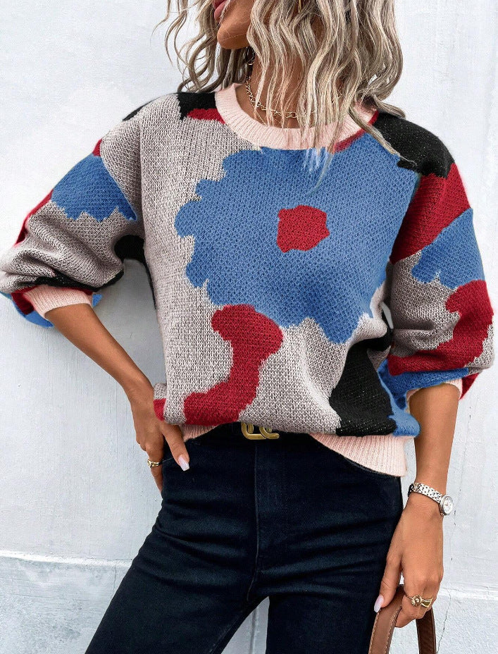 Drune | Pullover Pullover Strickstoff Lockere Passform Rundhals Ballonärmel Gemustert