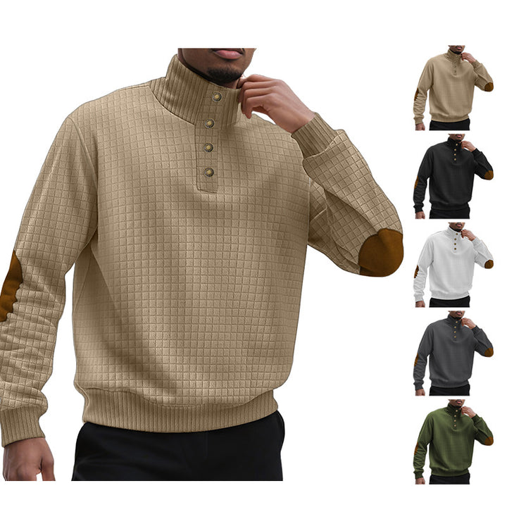 Herren nan kariertes Stepp-Sweatshirt mit Henley-Blende hohem Stehkragen und Velours-Ellenbogenpatch Drune