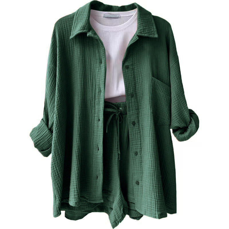Damen nan lässiges oversized Hemd und Shorts Set mit Brusttasche Kordelbund und gerauter Baumwollstruktur Drune