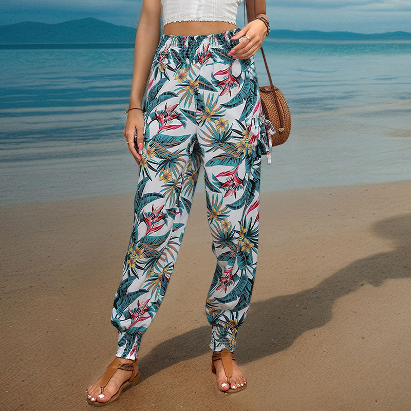 Damen Cargo-Hose mit elastischem Bund und buntem Blätter-Print Drune