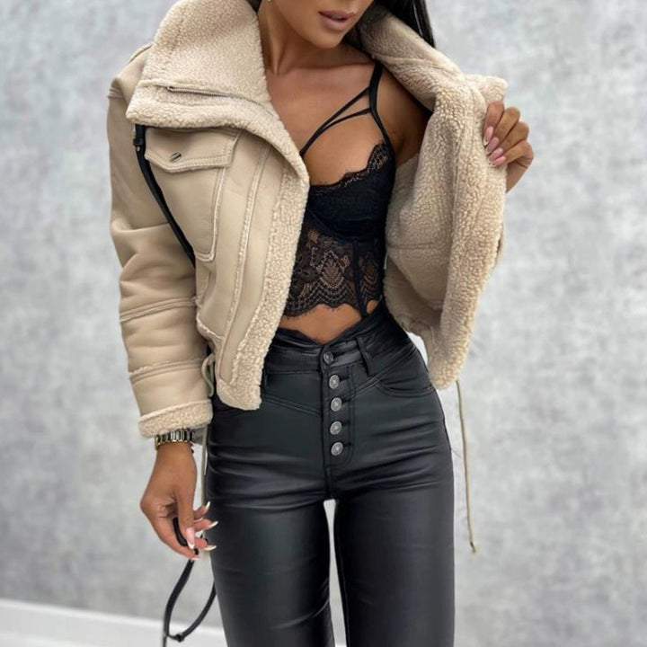 Damen Short Lederjacke mit warmem Fleece-Futter Drune