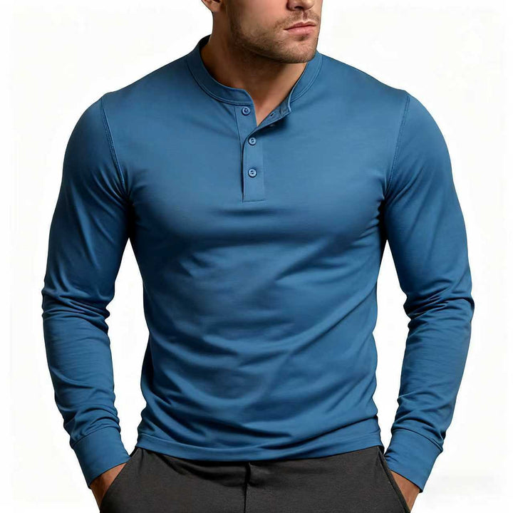 Herren nan tailliertes Langarm-Henley-Shirt aus Baumwollmix mit Knopfleiste Drune
