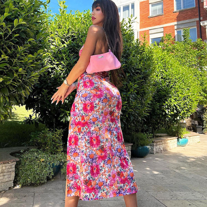 Damen Maxikleid mit seitlichem Schlitz und zartem Blumendruck Drune