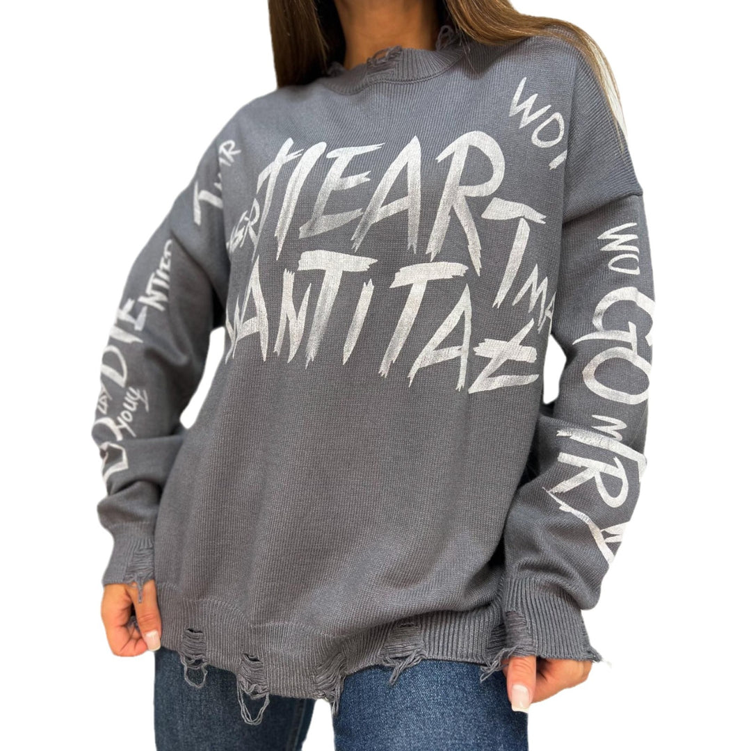 Damen Oversized Sweatshirt mit kreativem Schriftzug und modischen Rissdetails Drune