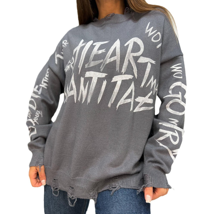 Damen Oversized Sweatshirt mit kreativem Schriftzug und modischen Rissdetails Drune