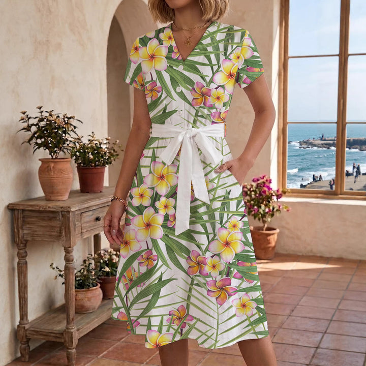 Damen Midikleid mit farbenfrohem Blumendesign und taillierbarem Bindegürtel Drune