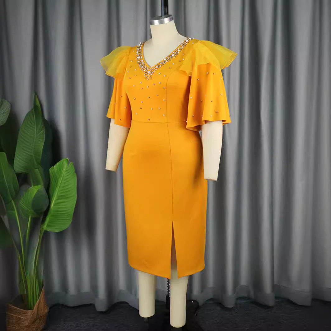 Damen elegantes Schimmerndes Midi-Kleid mit Volantrüsche und Glamourösen Akzenten Drune