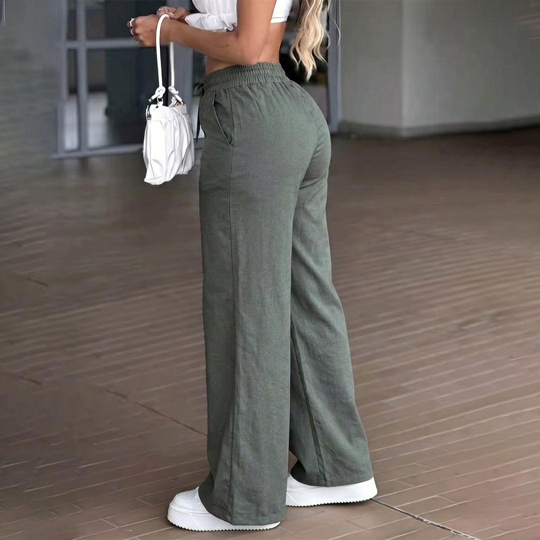 Damen nan weite High‑Waist Leinenhose mit elastischem Tunnelzugbund und Seitentaschen Drune