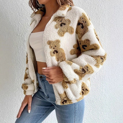 Damen kuschelige Fleecejacke mit Bärenmuster und durchgehendem Reißverschluss Drune