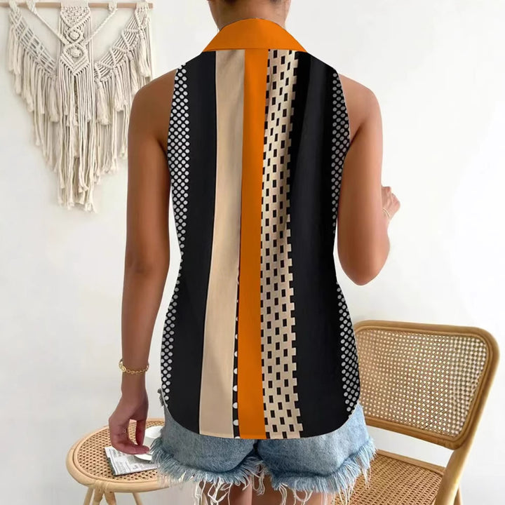 Damen nan ärmelloses Blusen-Top mit Hemdkragen, durchgehender Knopfleiste und asymmetrischem Paneelprint Drune