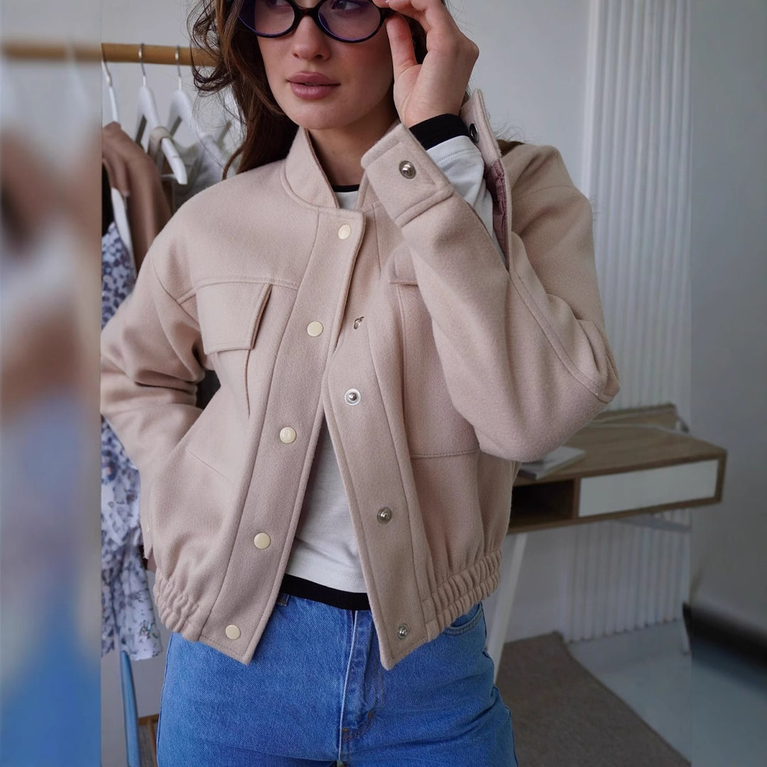 Damen modische Kurzjacke mit praktischen Taschen und coolem Kragen Drune